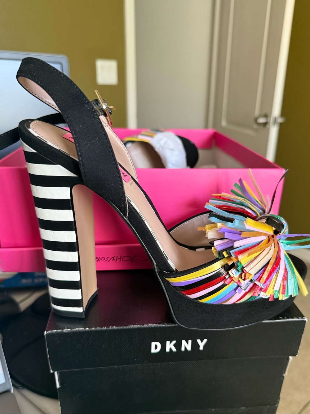 Betsey Johnson Black Multicolor Fringe Block Heel Sandals